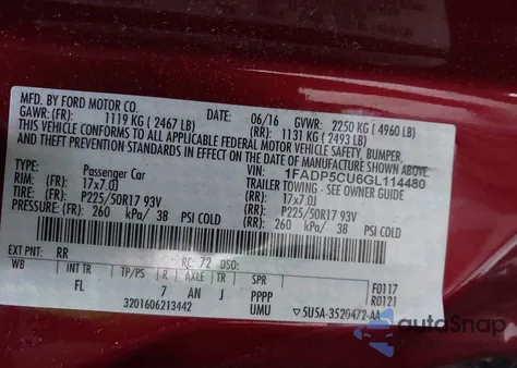 2016 Ford C-Max Energi Sel z USA, uszkodzony, nr VIN 1FADP5CU6GL114480